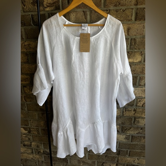 Match point Tops - Match Point La Fixsun 100% Linen White Ruffle Hem Tunic Top L Lagenlook Made USA